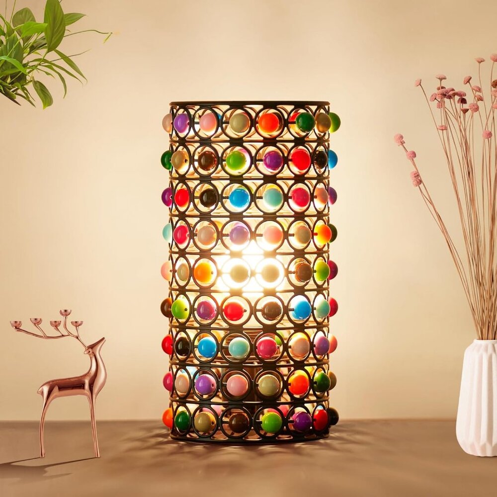 Colorful Boho Hippy Beaded Bedside Table Lamp (Black) with LED Light - Brand New